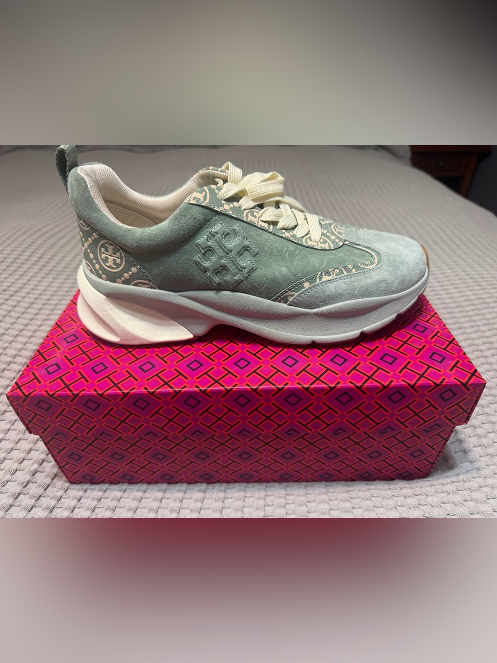 Tory Burch T Monogram Good Luck Trainer Blue Celadon Size 8 – Worn Once – Box”.